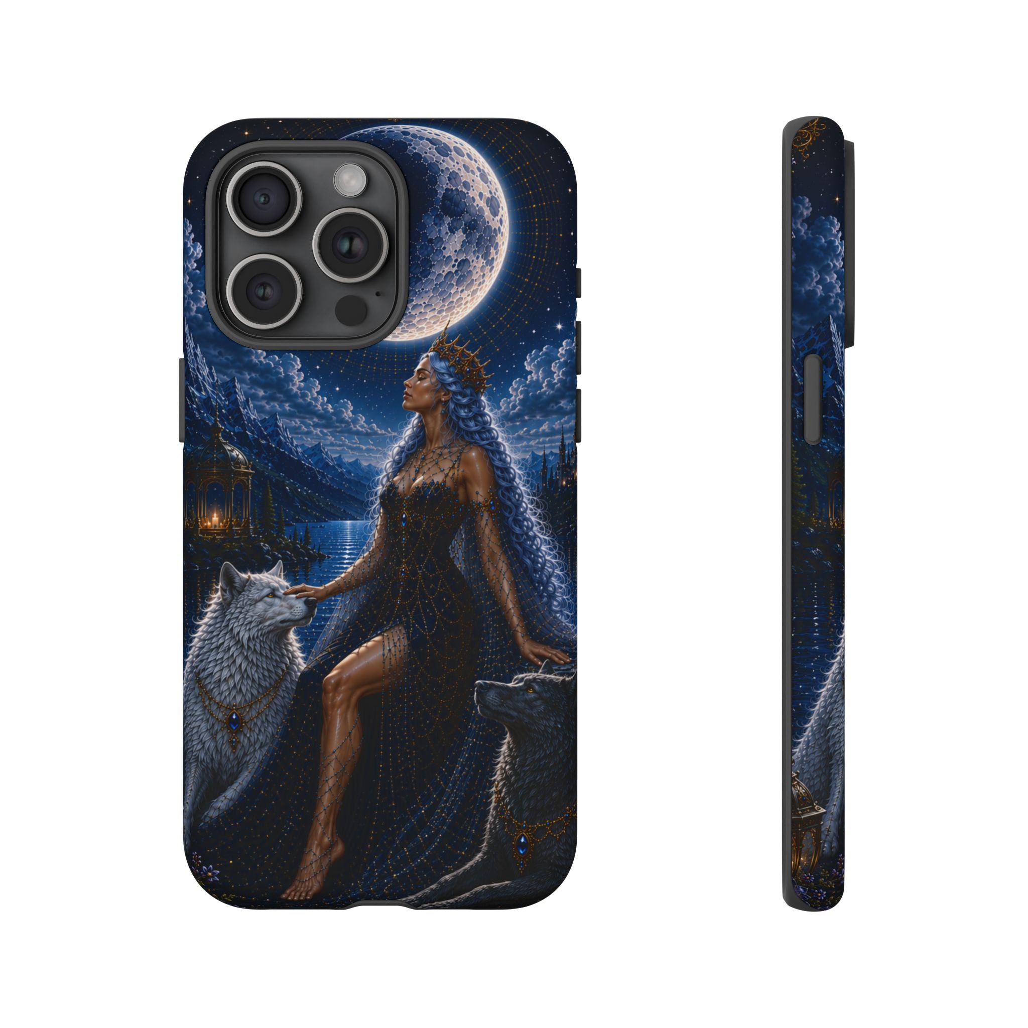 Moon Goddess with Wolves phone case | Celestial fantasy iPhone and Samsung cover