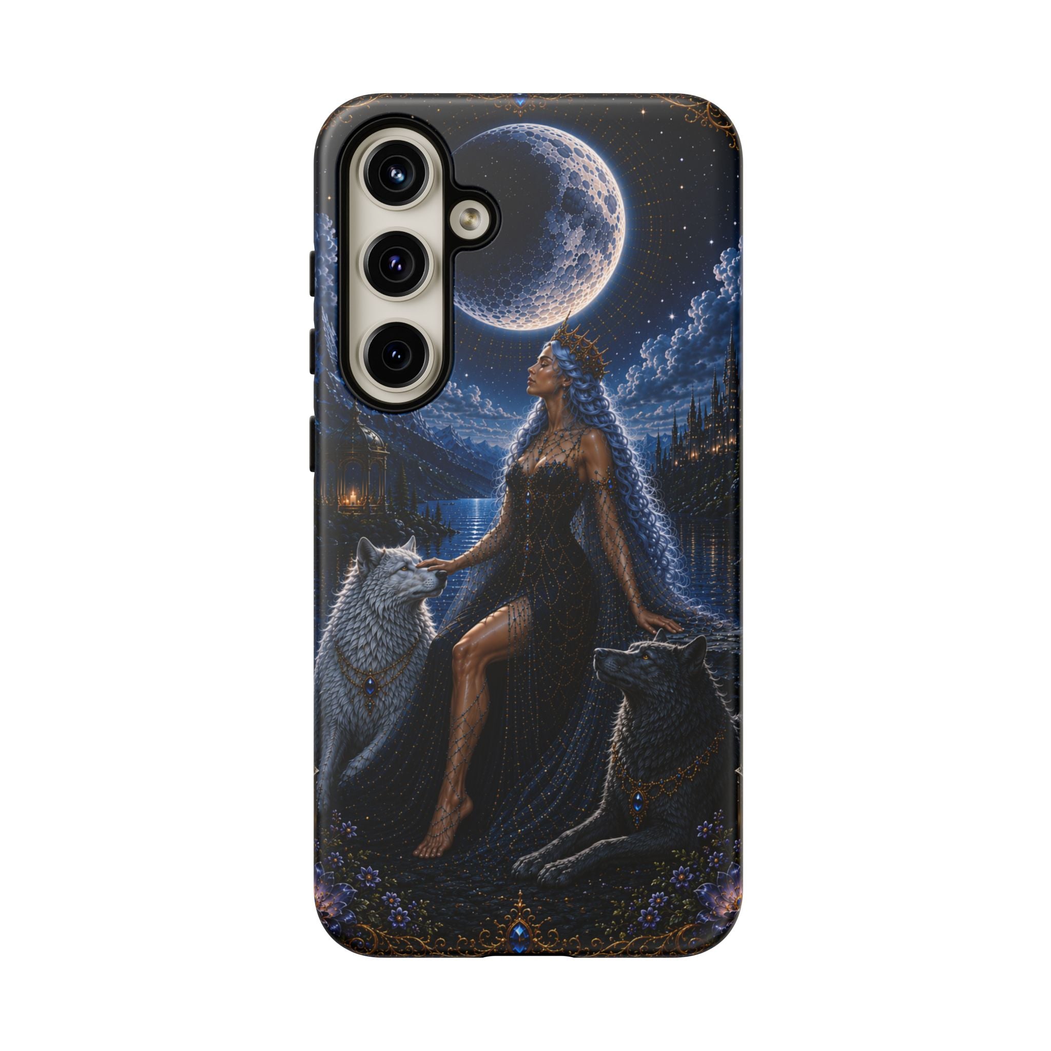 Moon Goddess with Wolves phone case | Celestial fantasy iPhone and Samsung cover