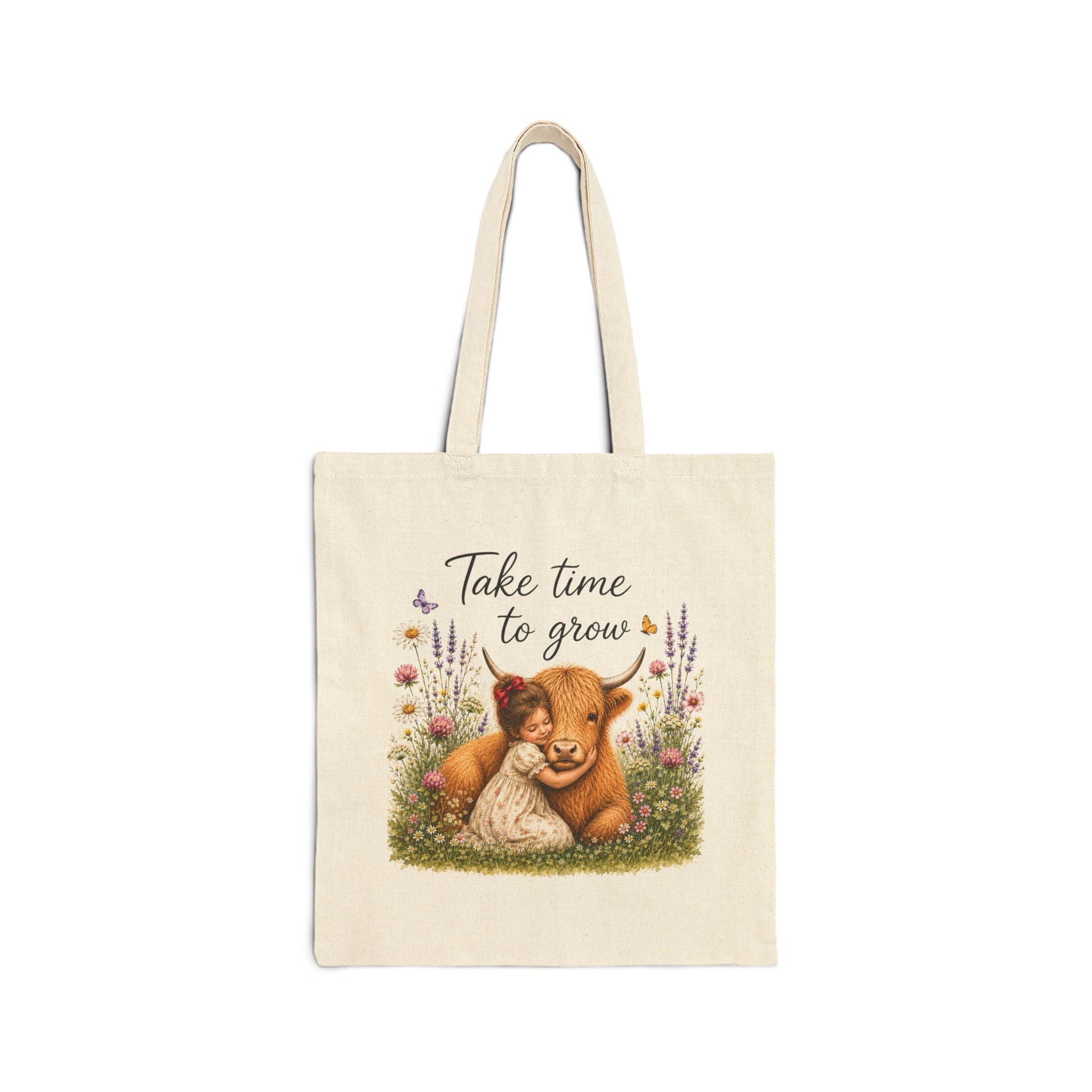 Take Time to Grow Canvas Tote — Cute Highland Cow & Girl Grocery Bag