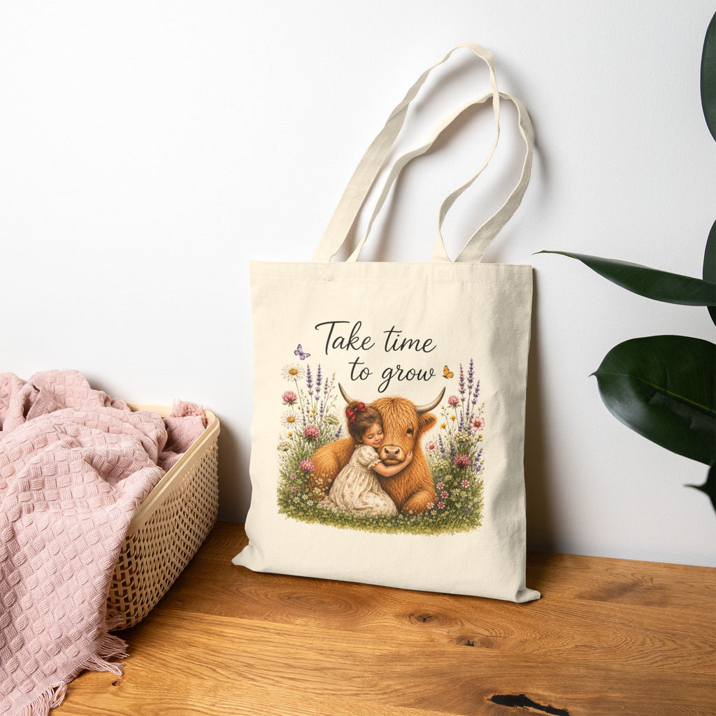 Take Time to Grow Canvas Tote — Cute Highland Cow & Girl Grocery Bag