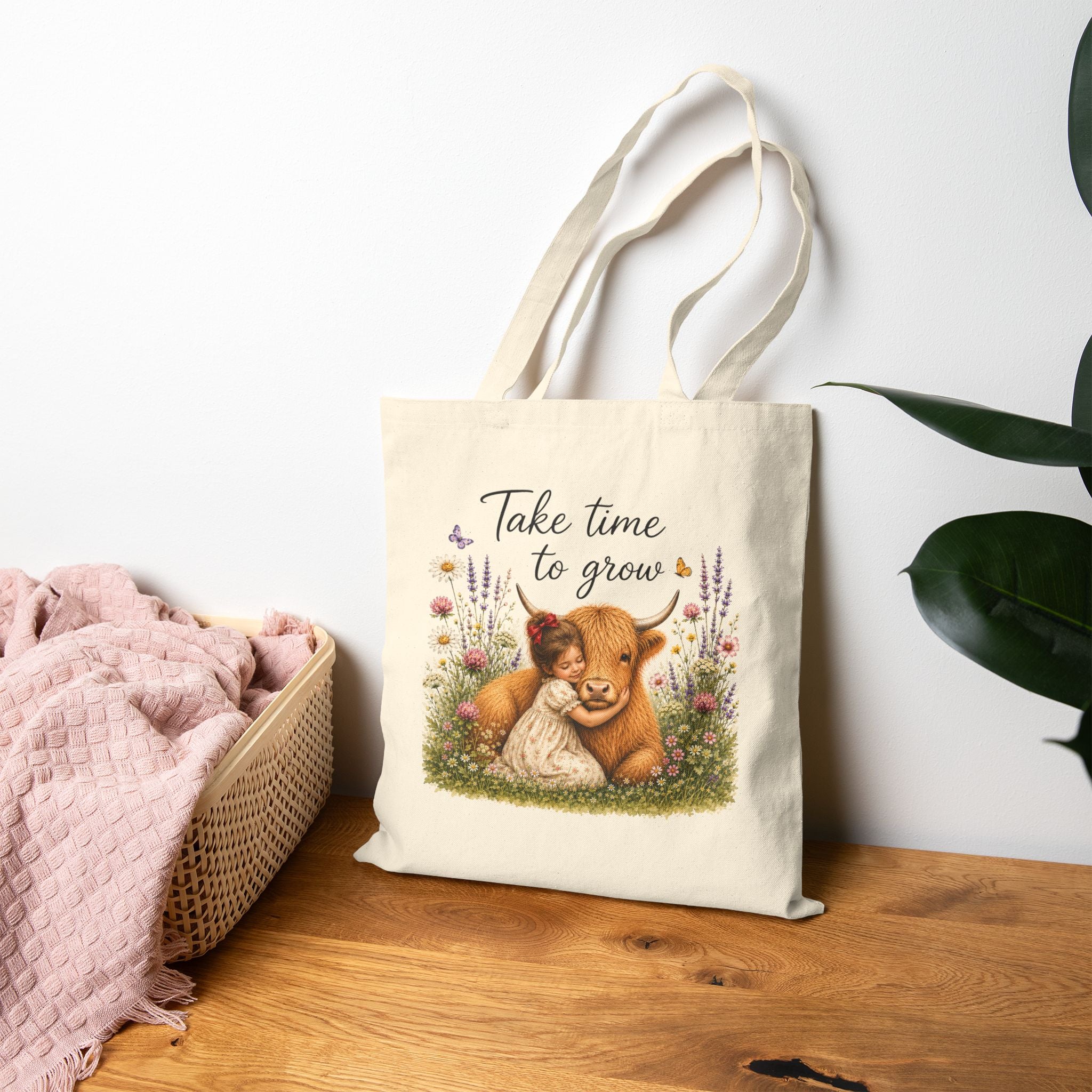 Take Time to Grow Canvas Tote — Cute Highland Cow & Girl Grocery Bag