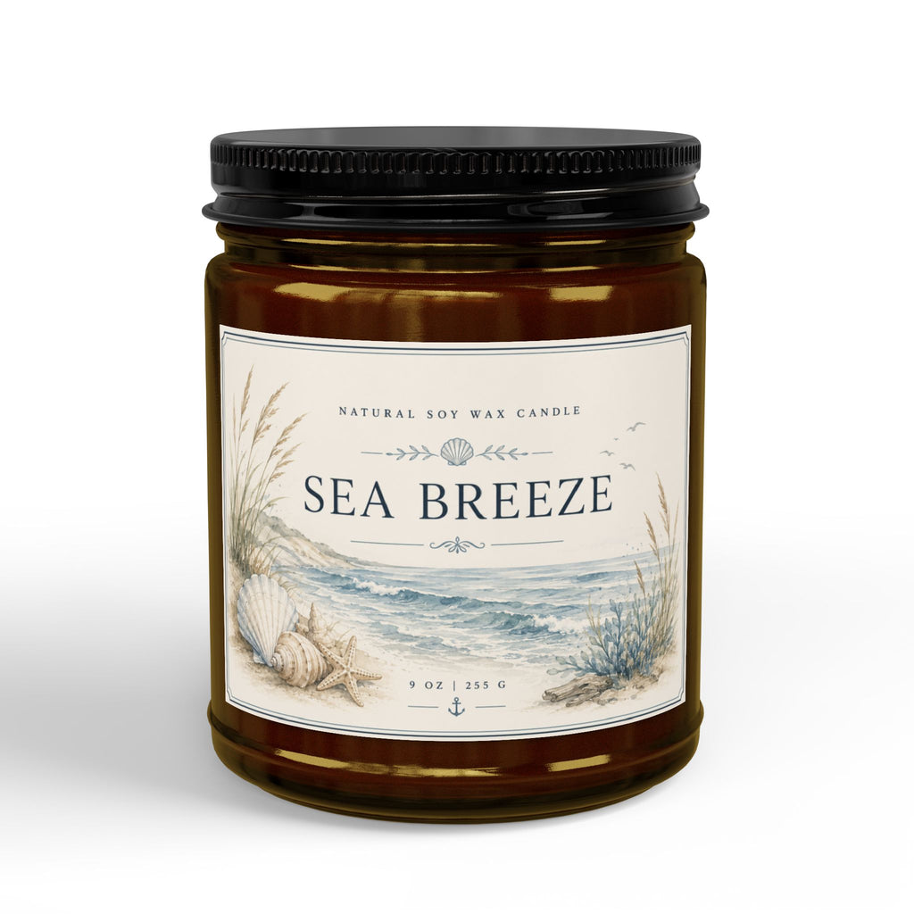 Sea Breeze Soy Candle — Scented Amber Jar with Black Lid (4oz & 9oz)