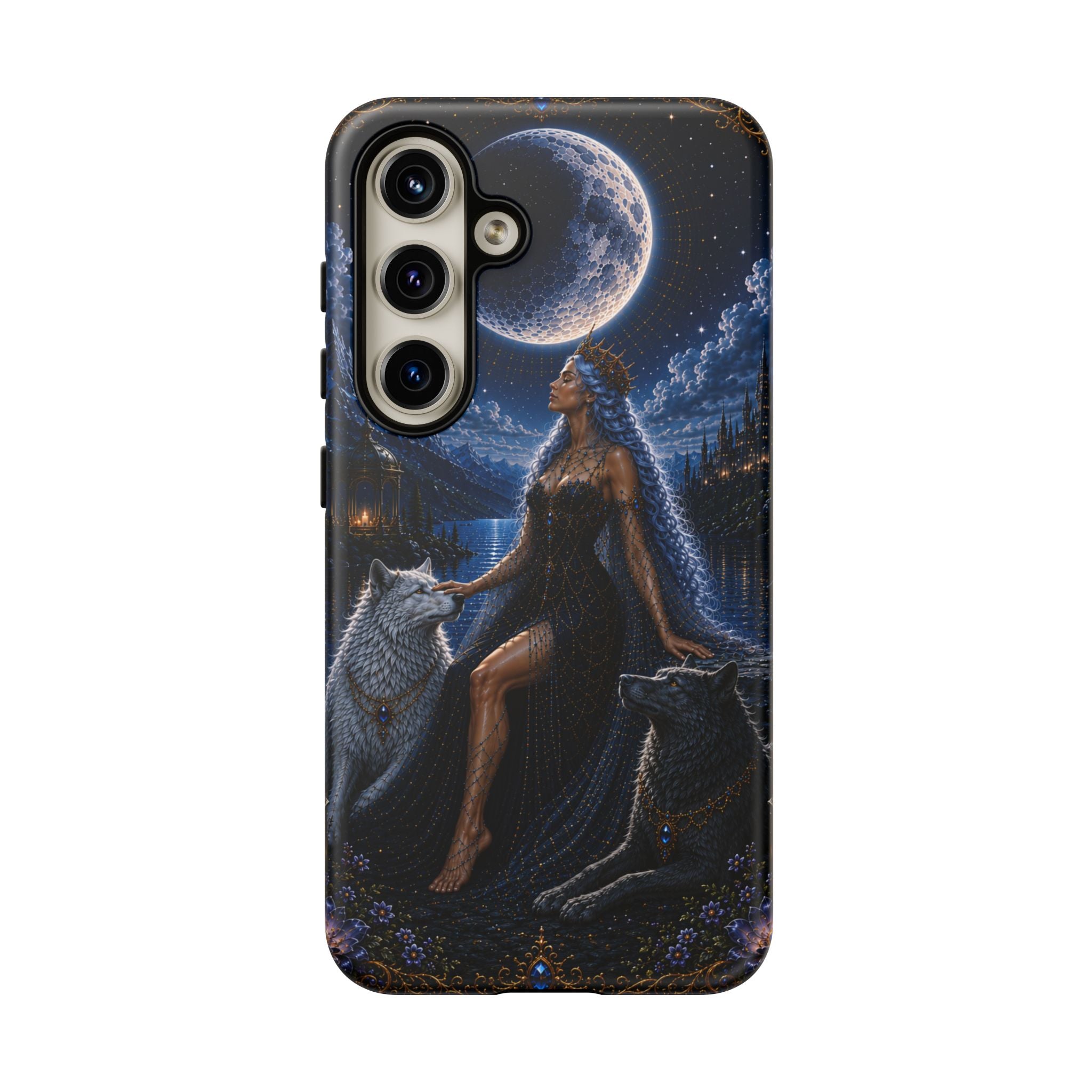 Moon Goddess with Wolves phone case | Celestial fantasy iPhone and Samsung cover