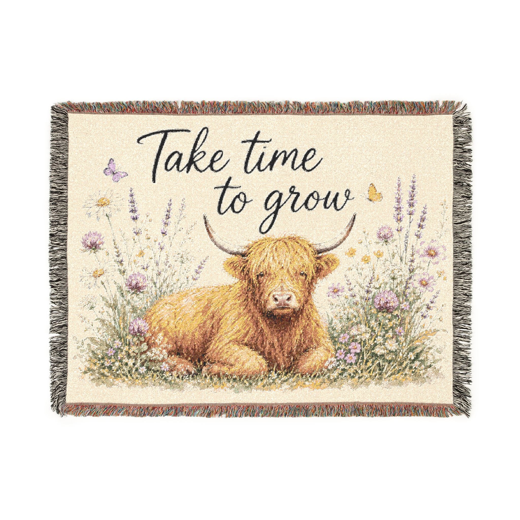 Highland Cow 'Take Time to Grow' Woven Blanket | Floral Cottagecore Throw