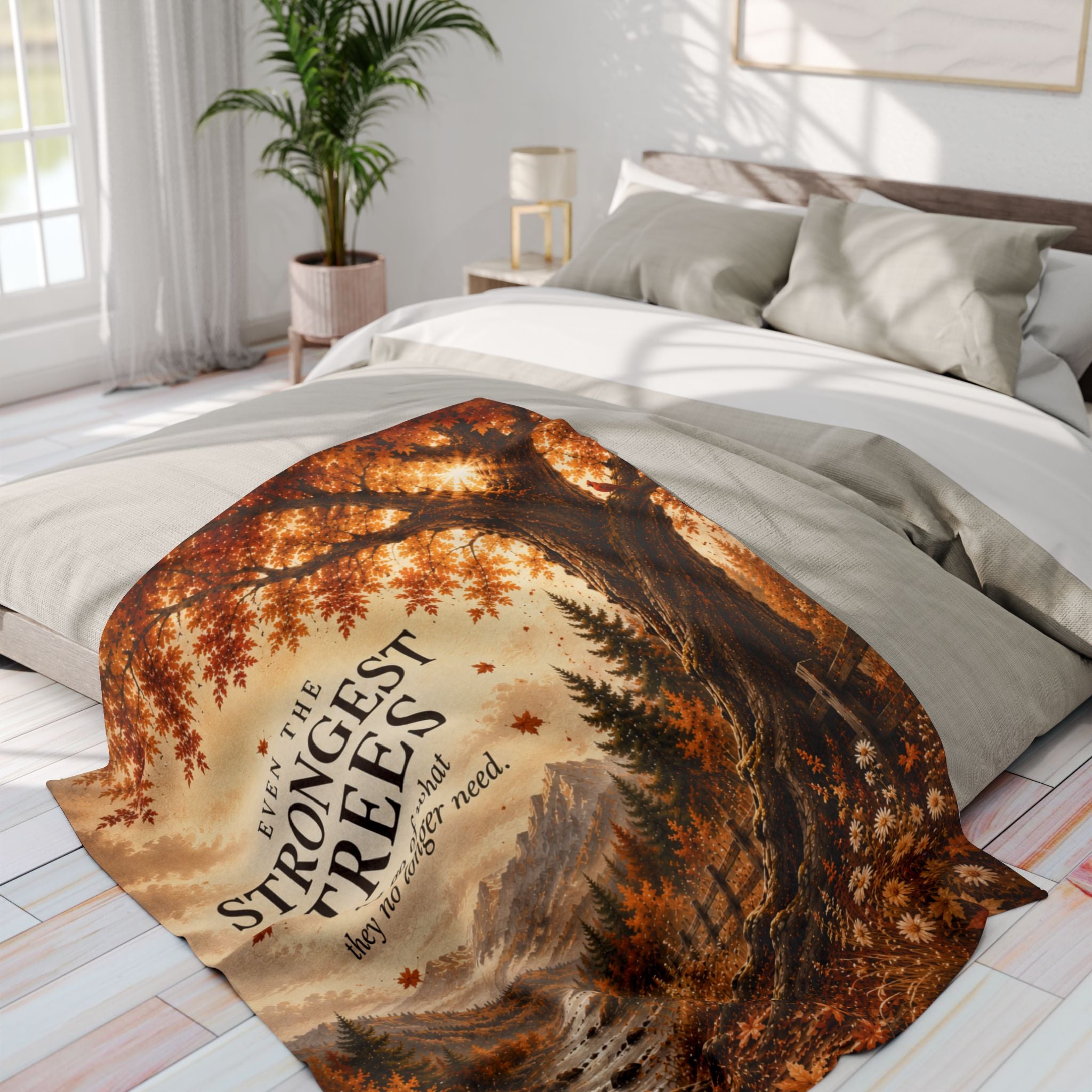 Autumn Woodland Fleece Blanket — “Even the Strongest Trees” Inspirational Fall Throw
