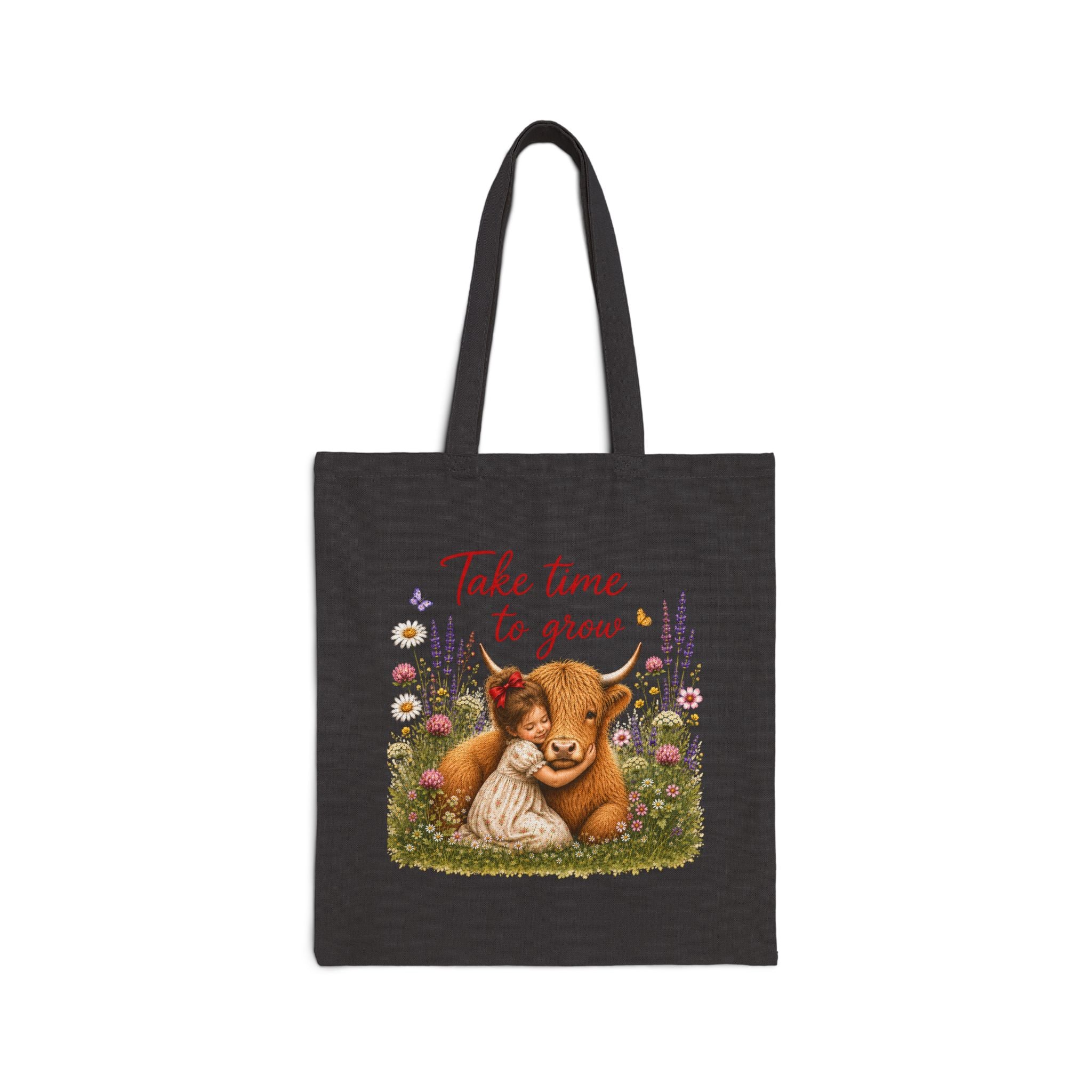 Take Time to Grow Canvas Tote — Cute Highland Cow & Girl Grocery Bag