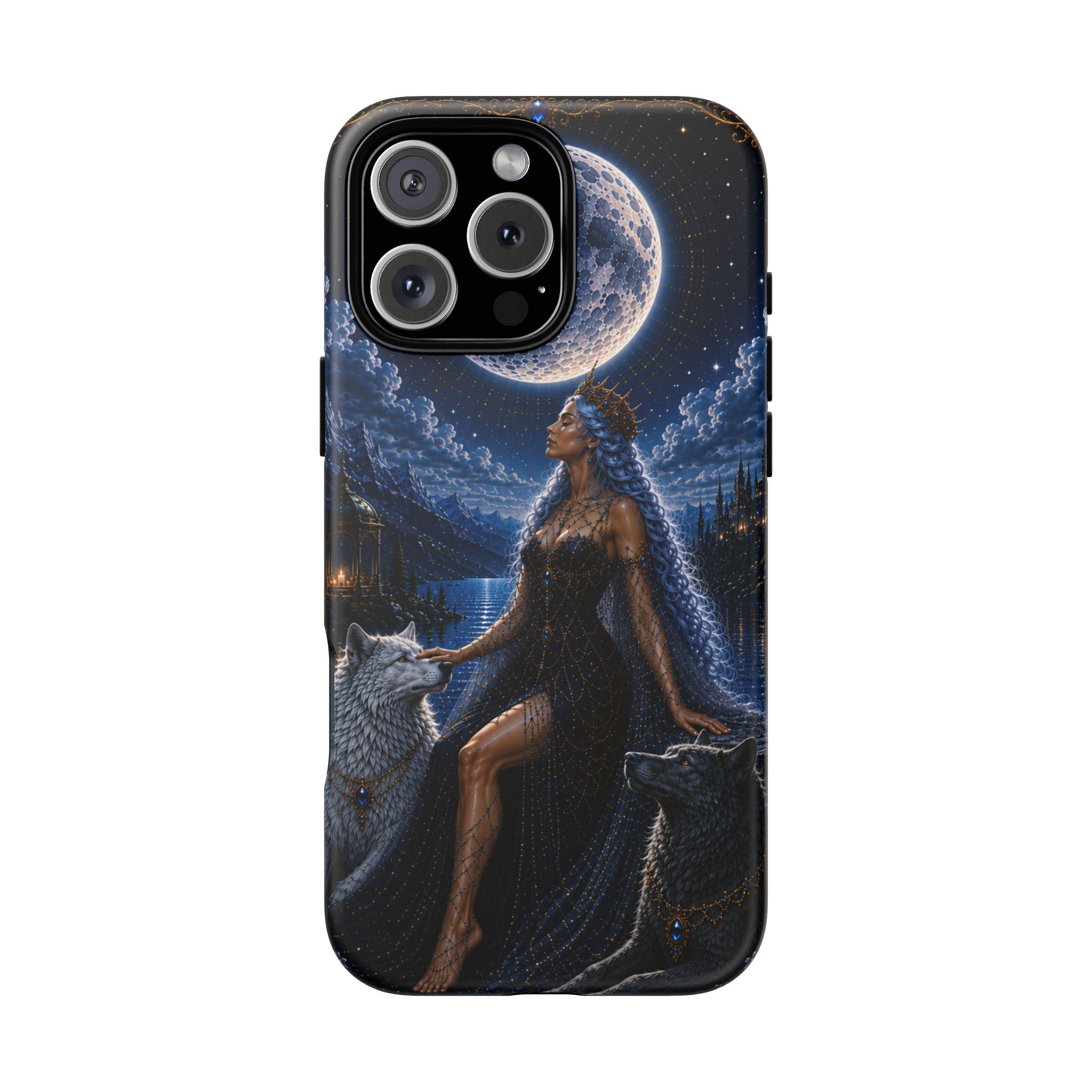 Moon Goddess with Wolves phone case | Celestial fantasy iPhone and Samsung cover