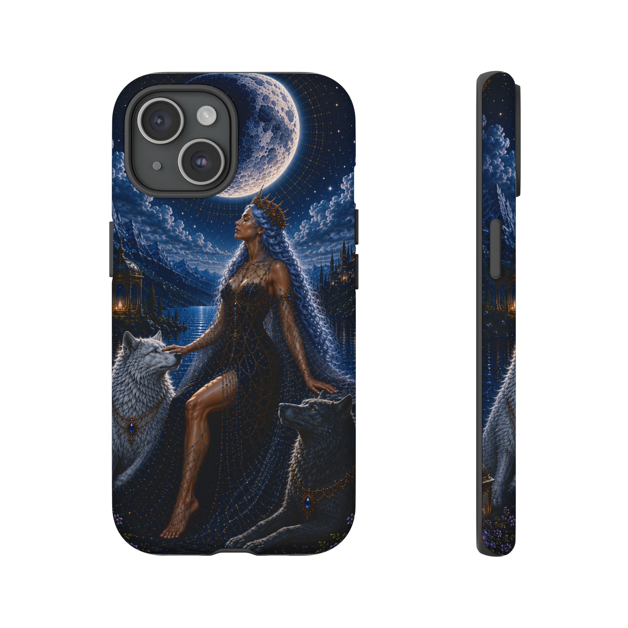 Moon Goddess with Wolves phone case | Celestial fantasy iPhone and Samsung cover