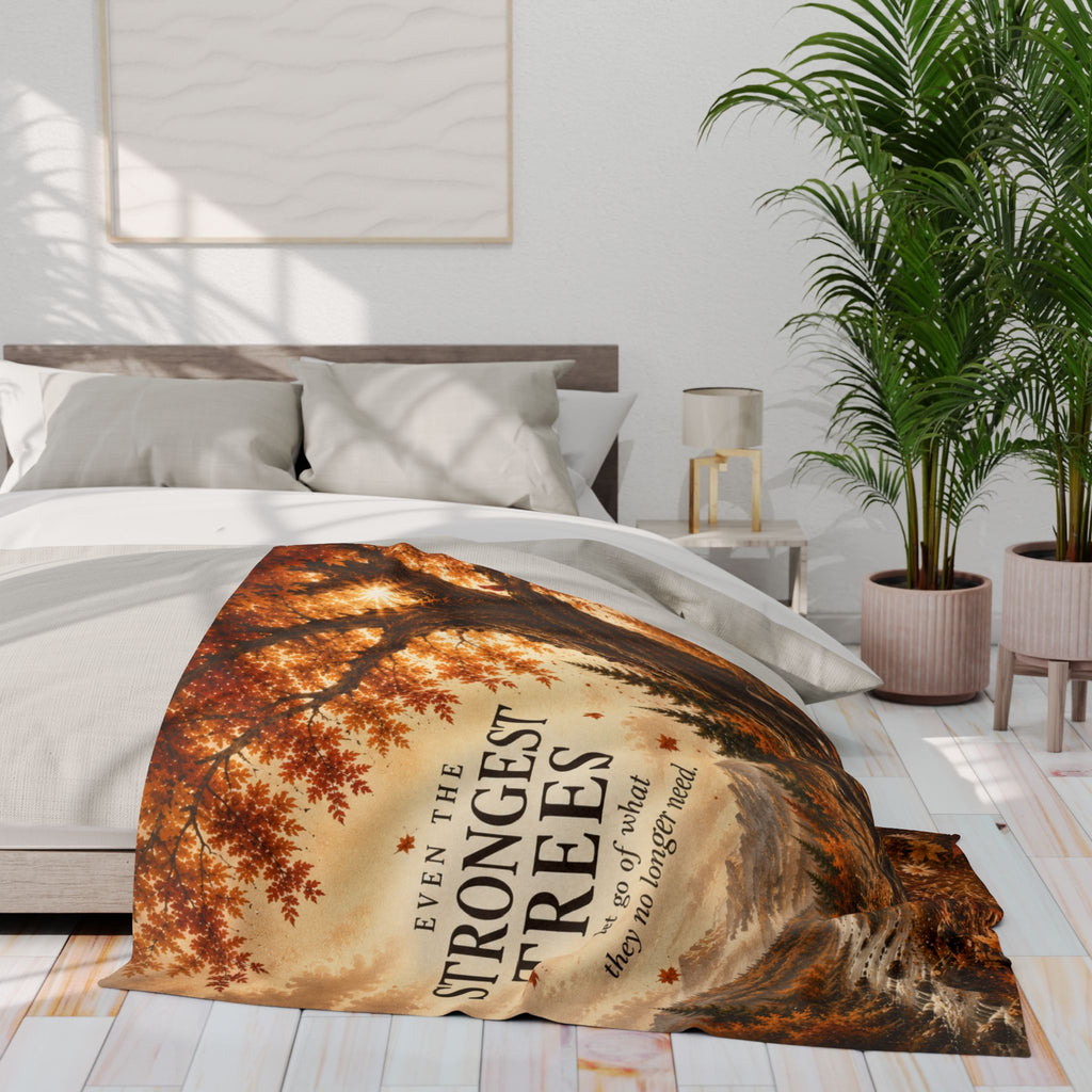 Autumn Woodland Fleece Blanket — “Even the Strongest Trees” Inspirational Fall Throw