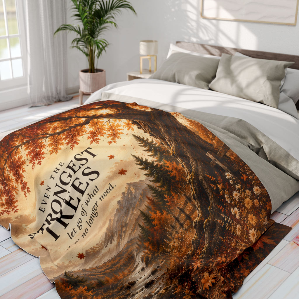 Autumn Woodland Fleece Blanket — “Even the Strongest Trees” Inspirational Fall Throw