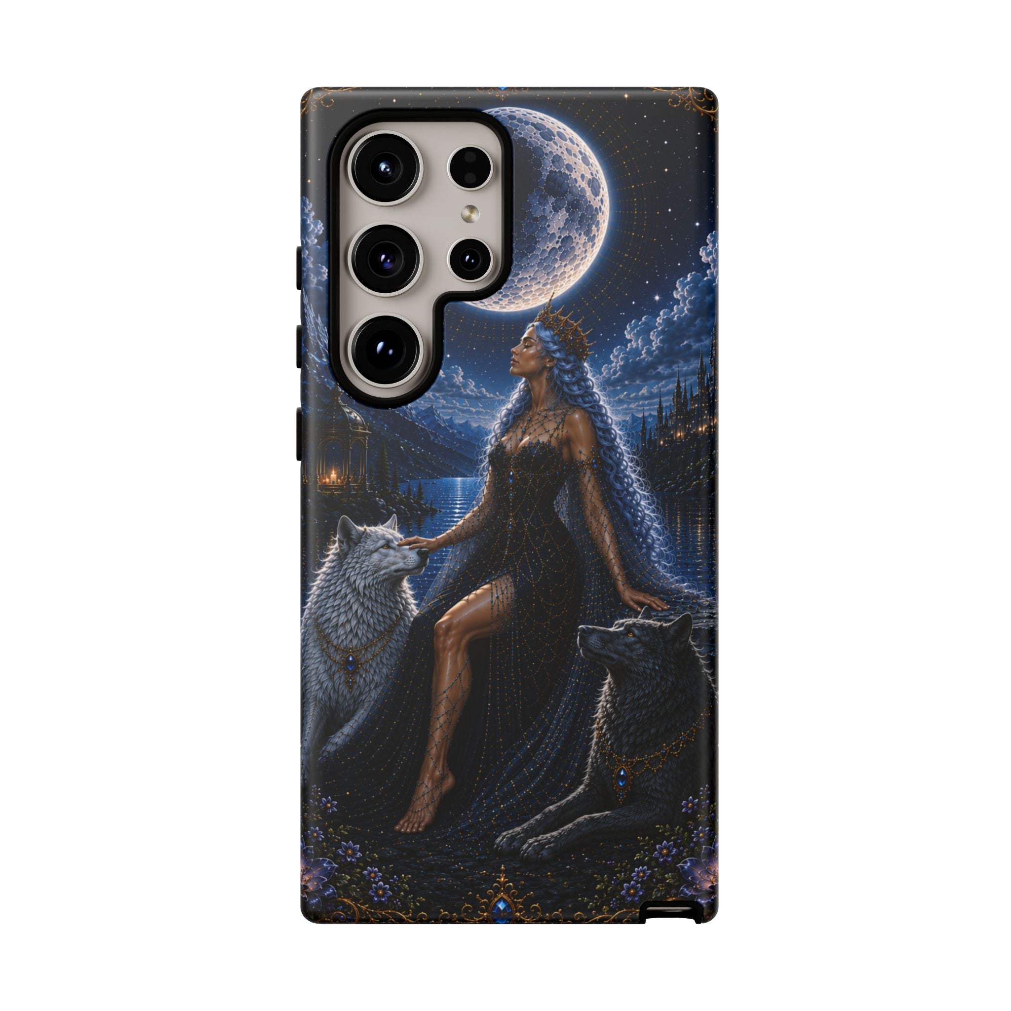Moon Goddess with Wolves phone case | Celestial fantasy iPhone and Samsung cover