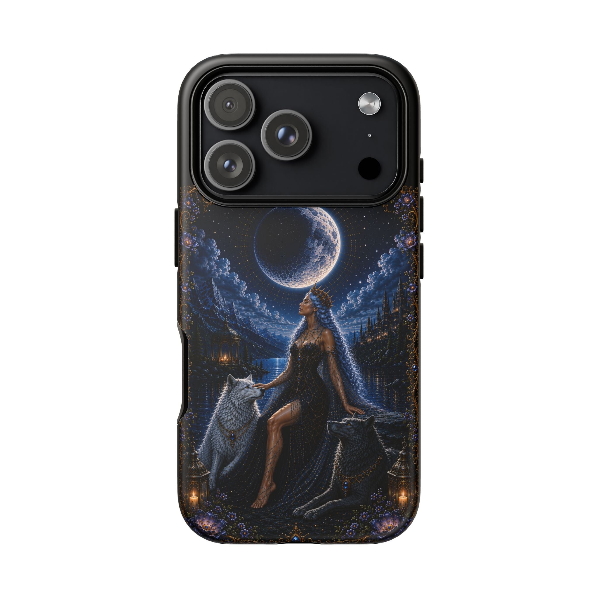 Moon Goddess with Wolves phone case | Celestial fantasy iPhone and Samsung cover