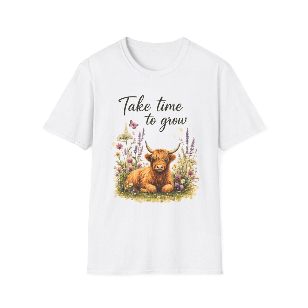 Take Time to Grow T-Shirt | Highland Cow Floral Design