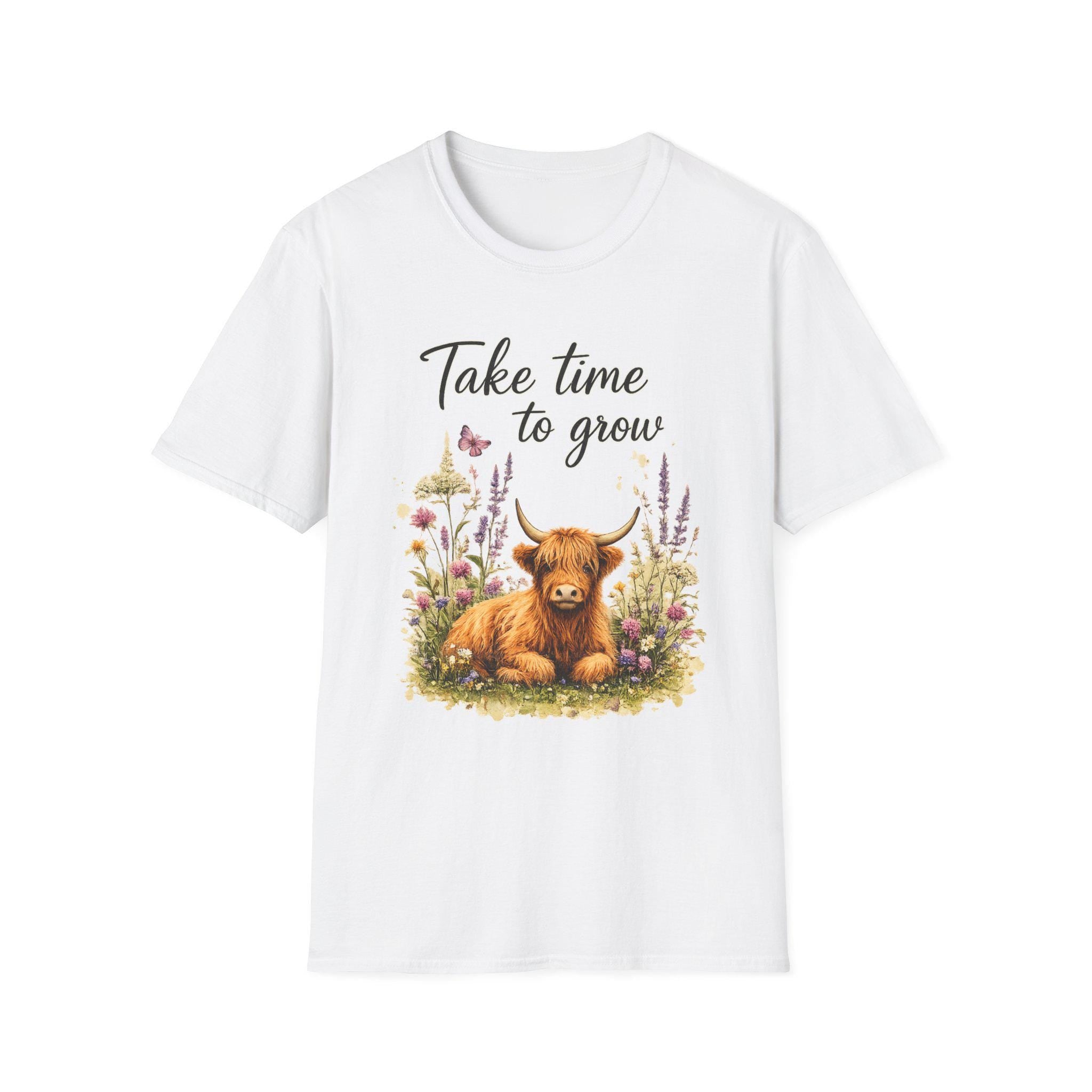 Take Time to Grow T-Shirt | Highland Cow Floral Design