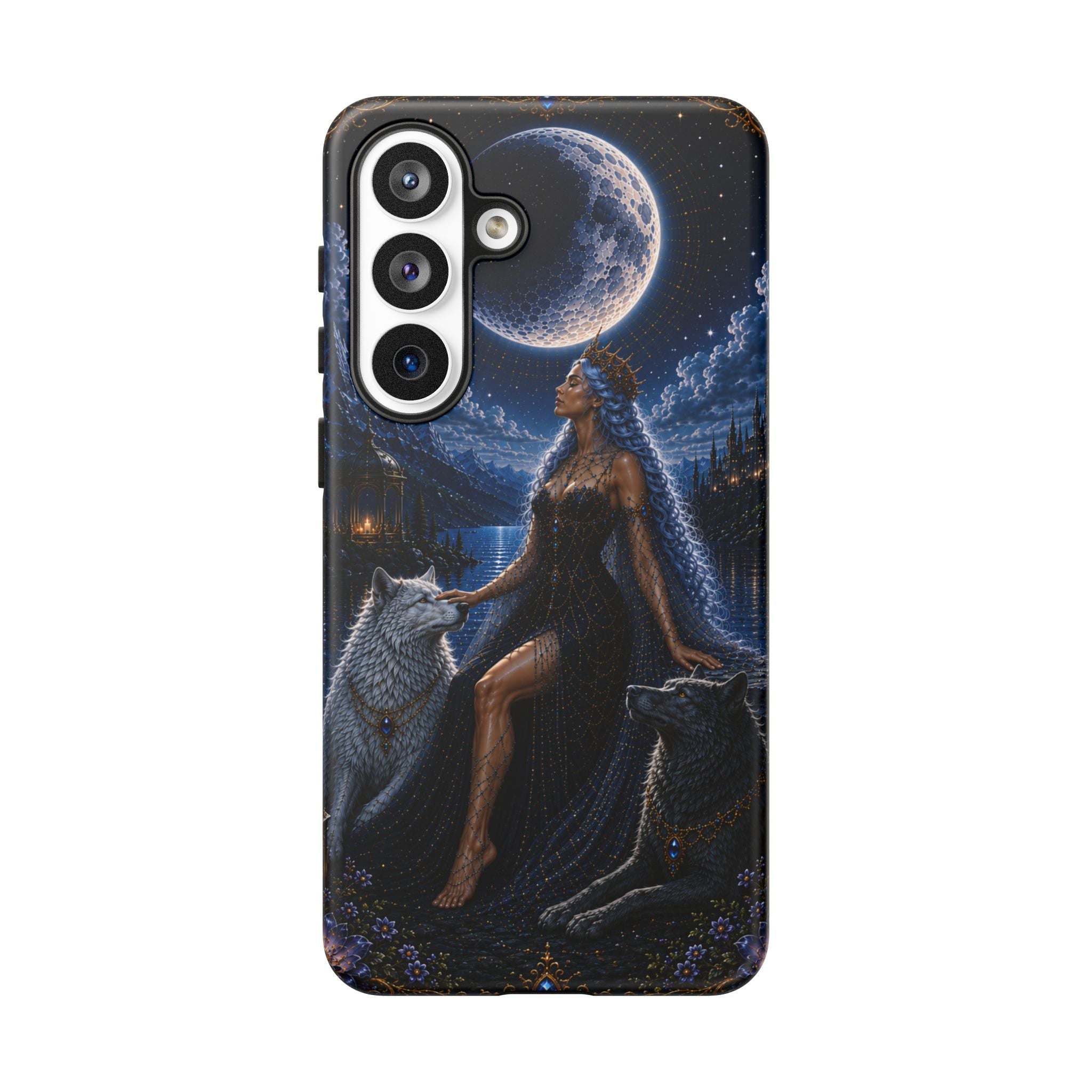 Moon Goddess with Wolves phone case | Celestial fantasy iPhone and Samsung cover