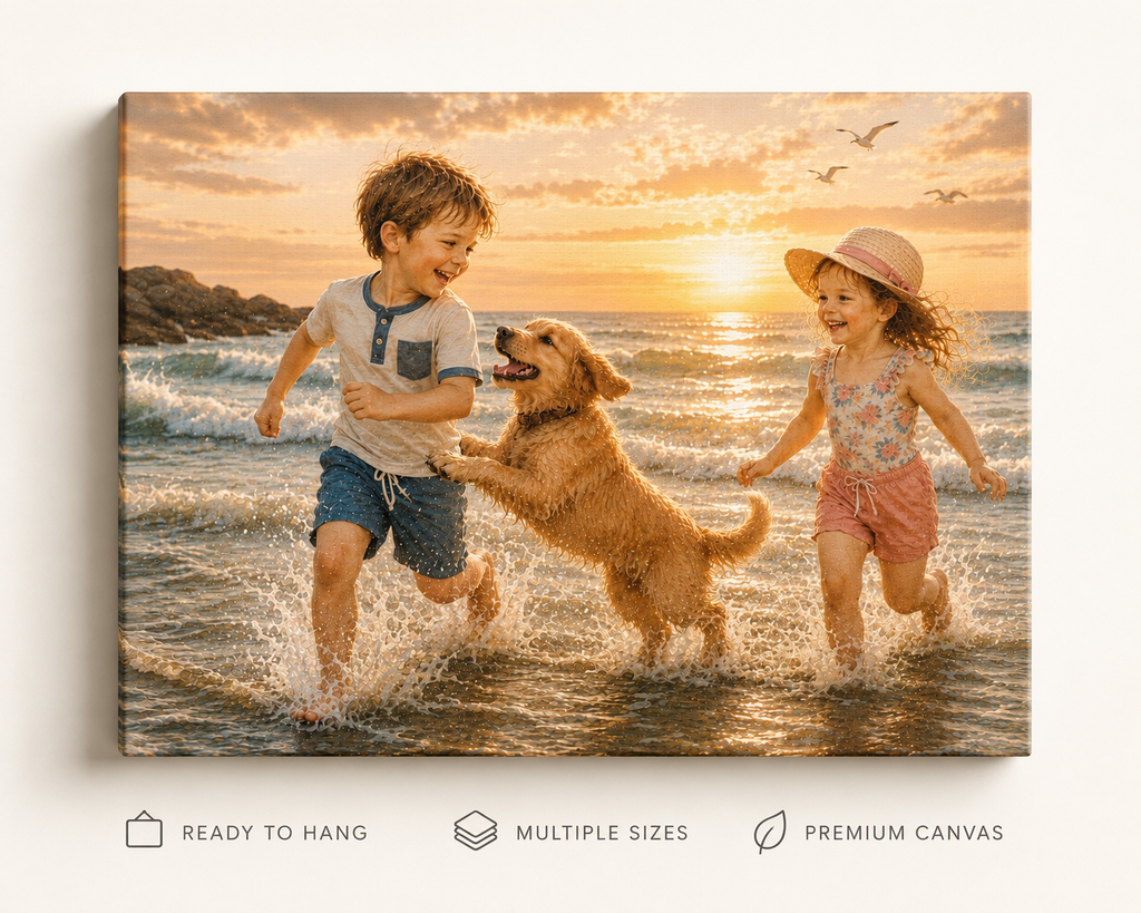 Sunset Beach Kids & Dog Canvas Print — Matte Stretched Wall Art