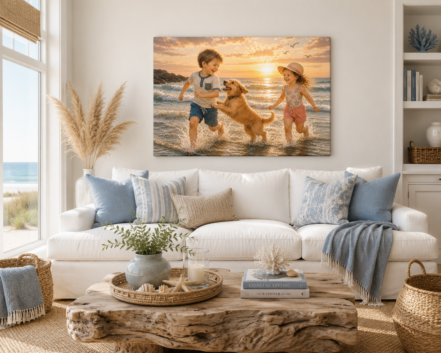 Sunset Beach Kids & Dog Canvas Print — Matte Stretched Wall Art