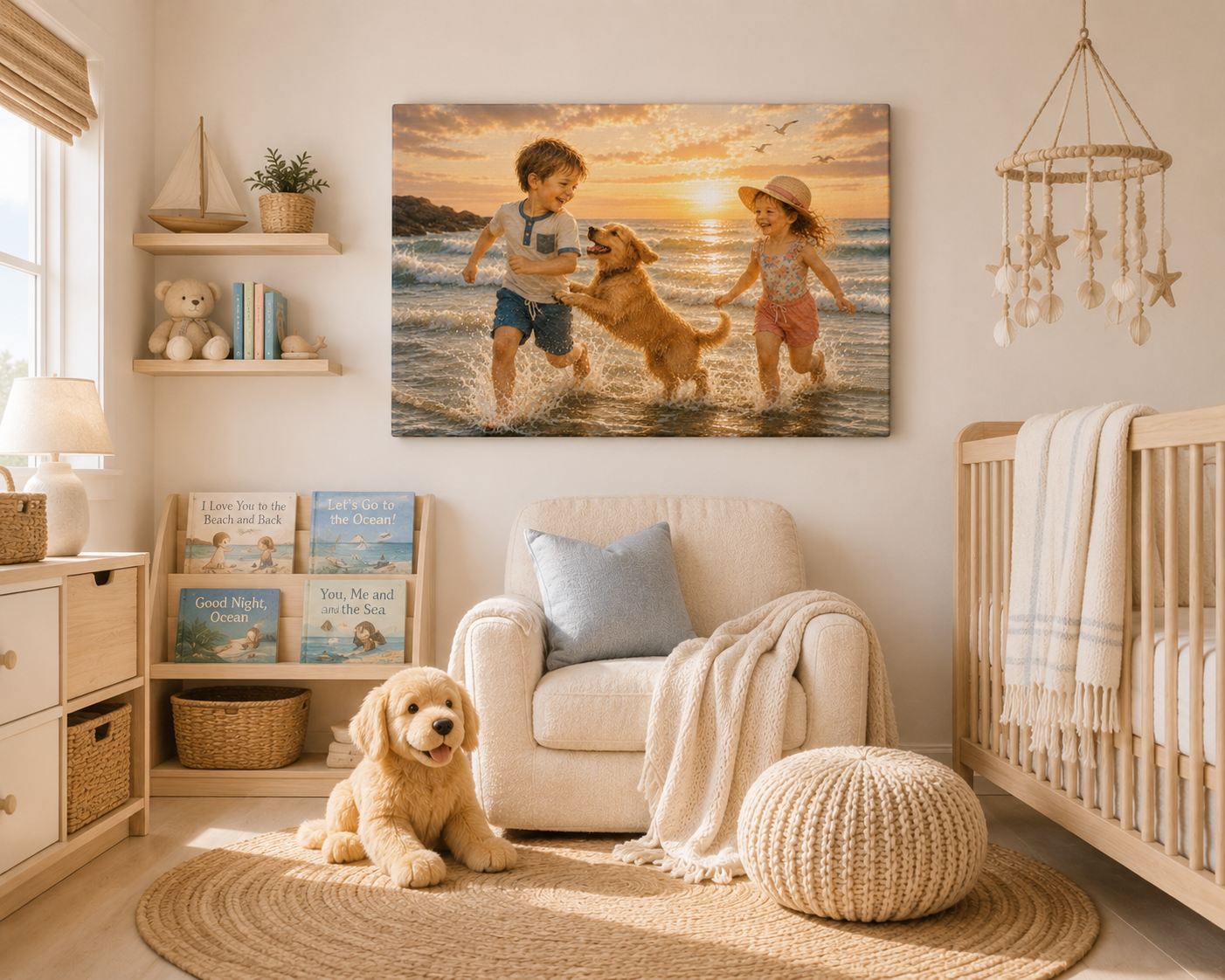 Sunset Beach Kids & Dog Canvas Print — Matte Stretched Wall Art
