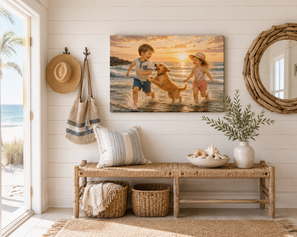 Sunset Beach Kids & Dog Canvas Print — Matte Stretched Wall Art