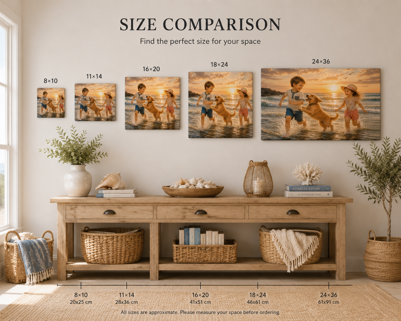 Sunset Beach Kids & Dog Canvas Print — Matte Stretched Wall Art