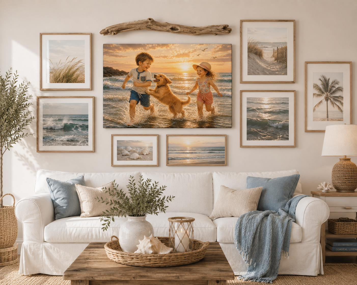 Sunset Beach Kids & Dog Canvas Print — Matte Stretched Wall Art