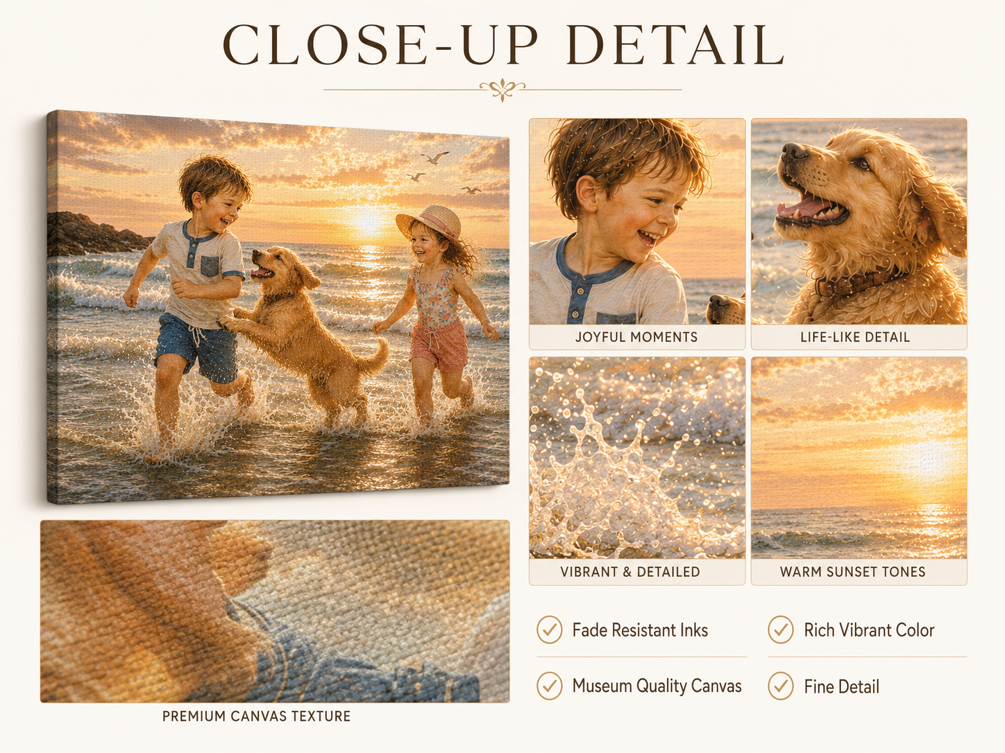 Sunset Beach Kids & Dog Canvas Print — Matte Stretched Wall Art