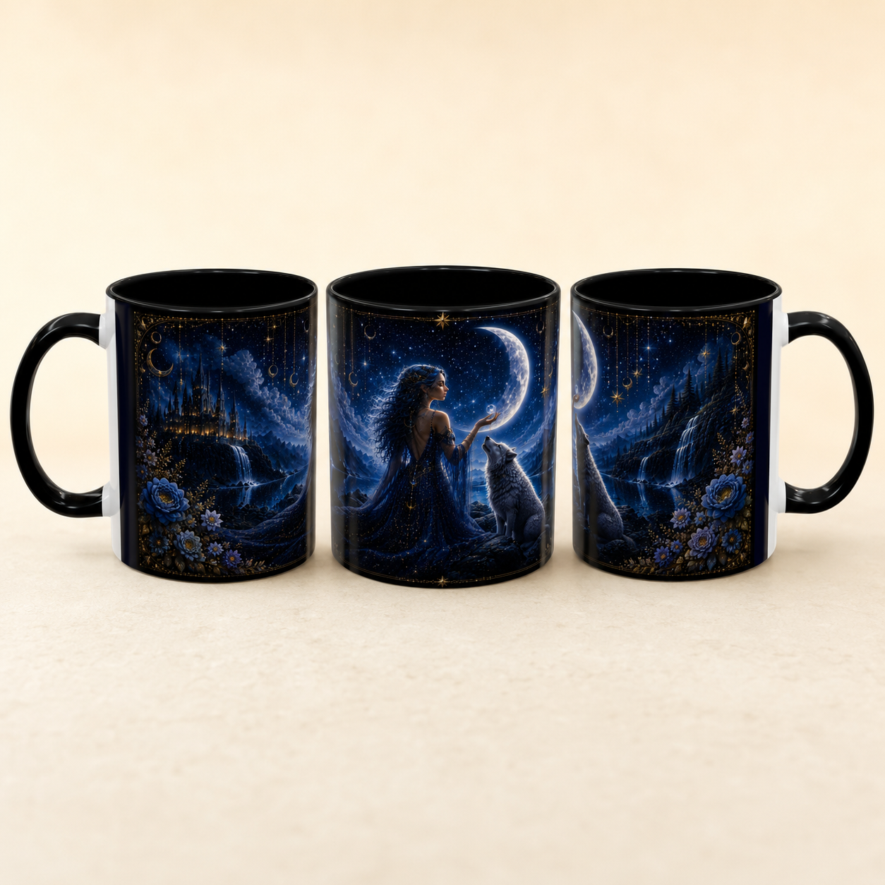 Moonlit Goddess and Wolf Accent Coffee Mug | Celestial Night Sky