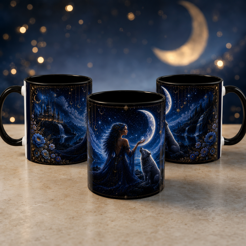 Moonlit Goddess and Wolf Accent Coffee Mug | Celestial Night Sky
