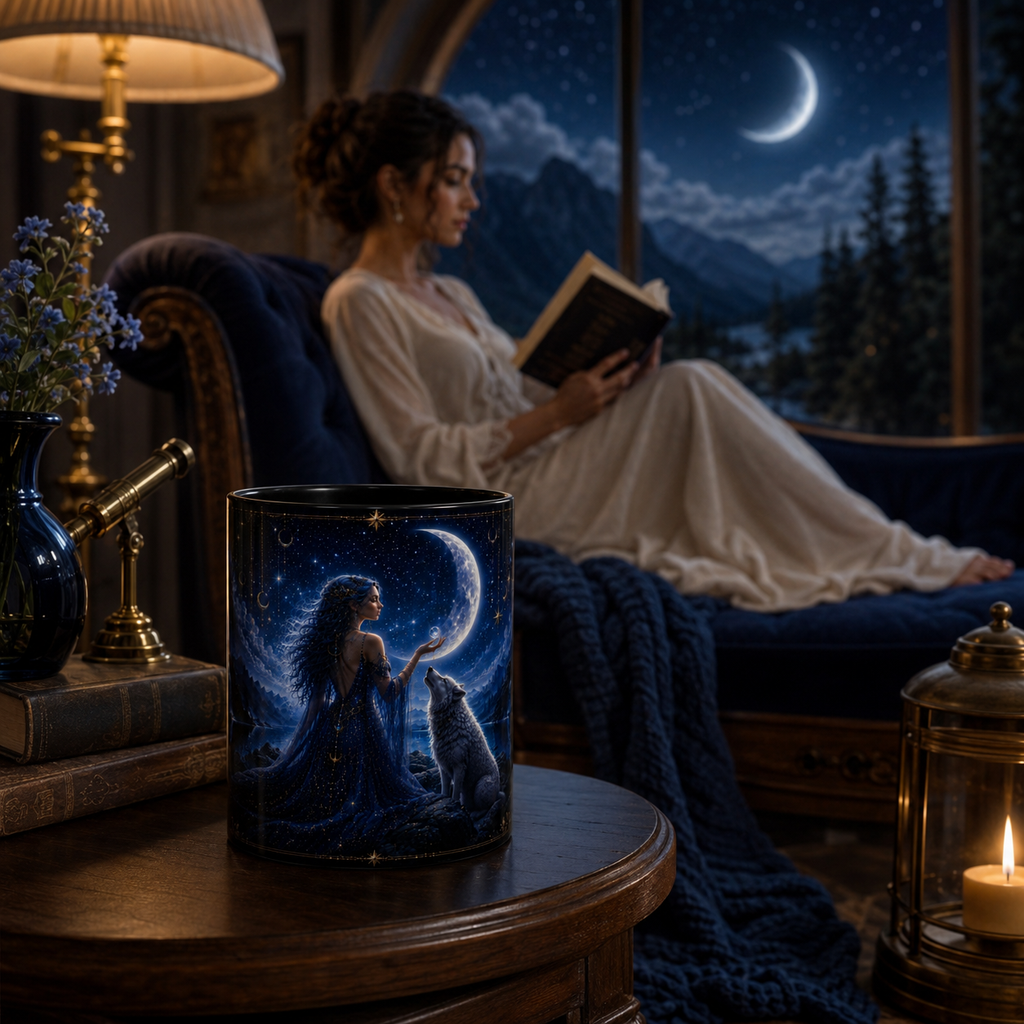 Moonlit Goddess and Wolf Accent Coffee Mug | Celestial Night Sky