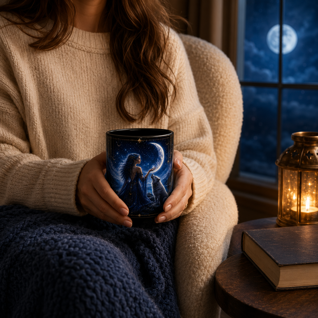 Moonlit Goddess and Wolf Accent Coffee Mug | Celestial Night Sky