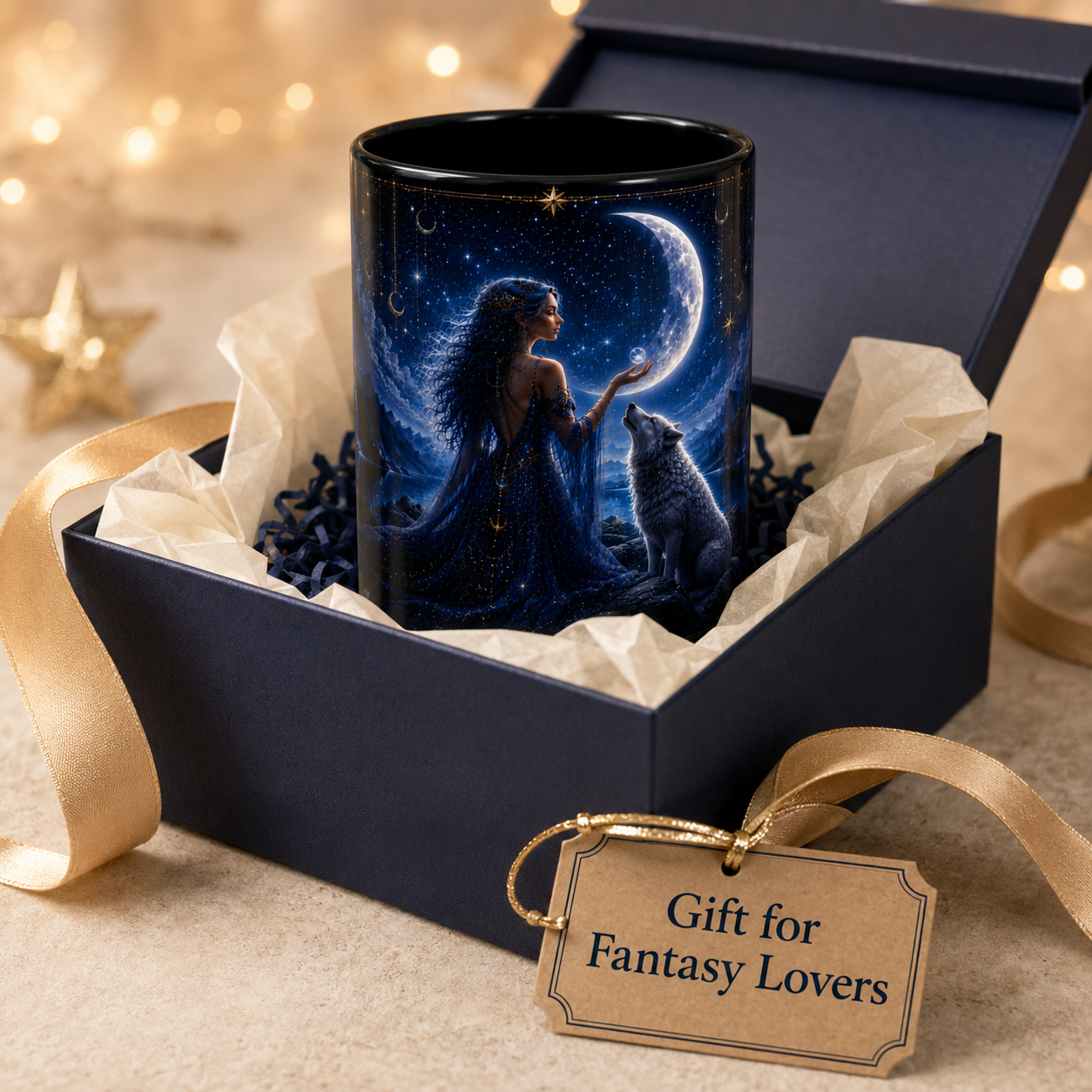 Moonlit Goddess and Wolf Accent Coffee Mug | Celestial Night Sky