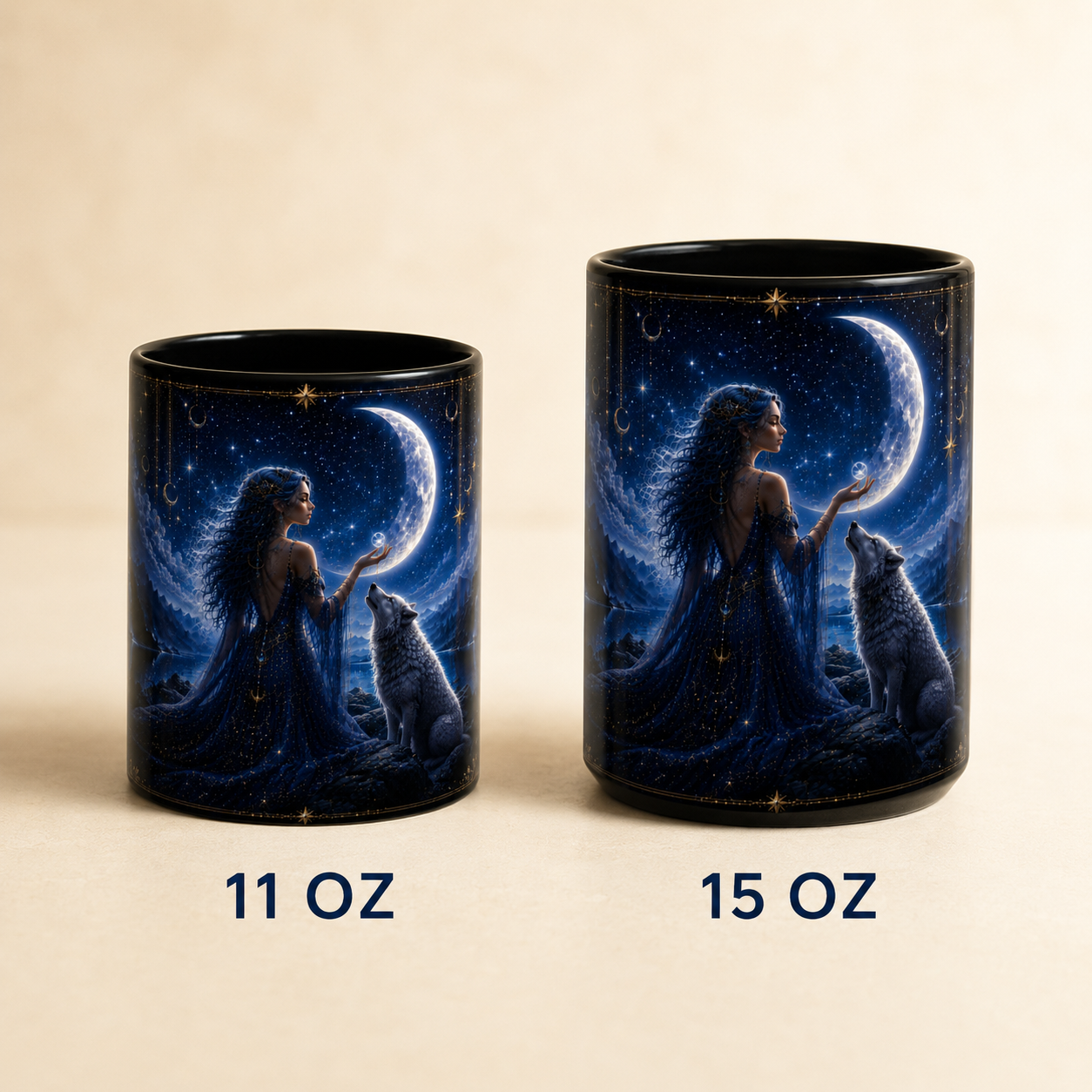 Moonlit Goddess and Wolf Accent Coffee Mug | Celestial Night Sky