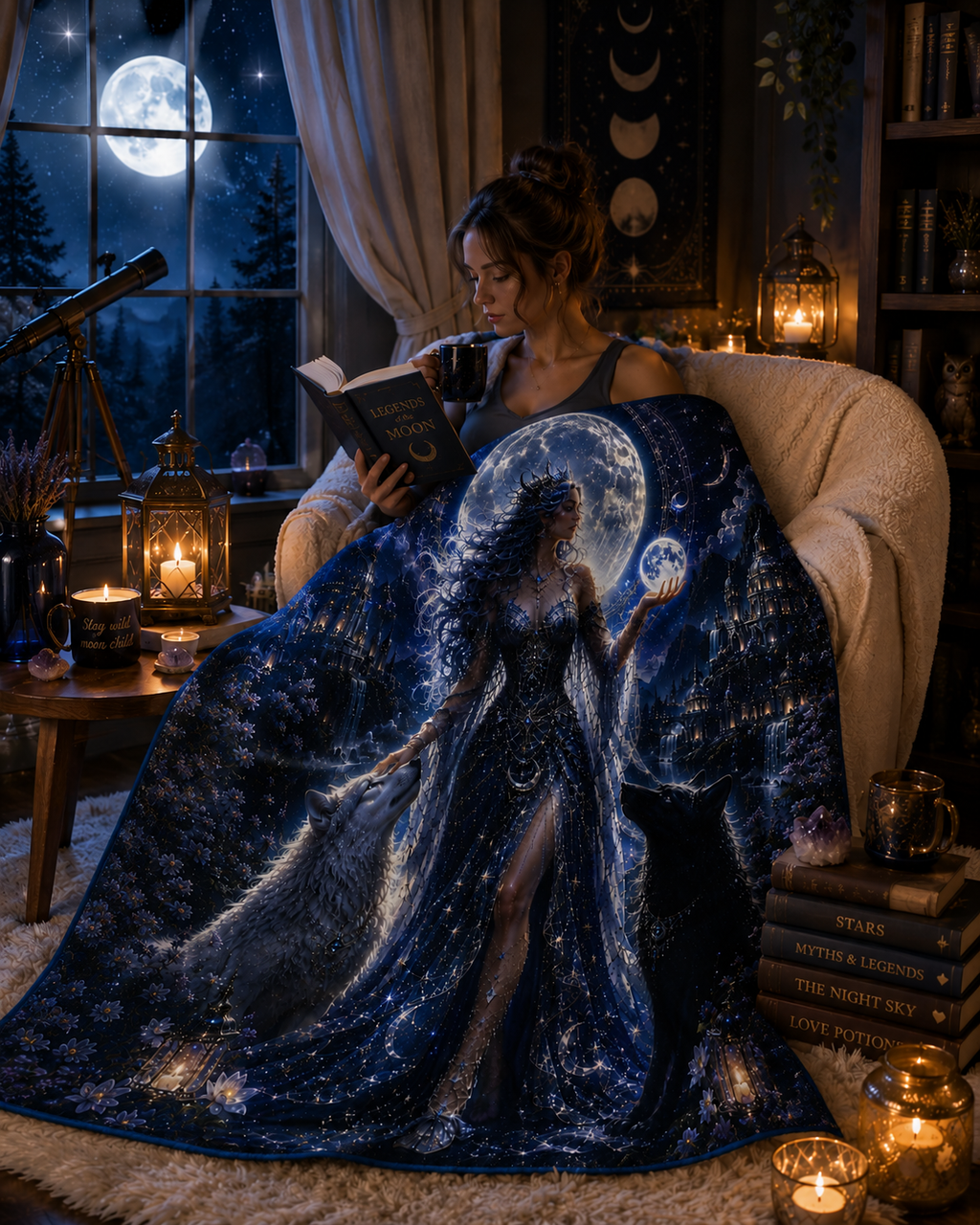 Moon Goddess Sherpa Fleece Blanket — Mystic Night Wolf Design