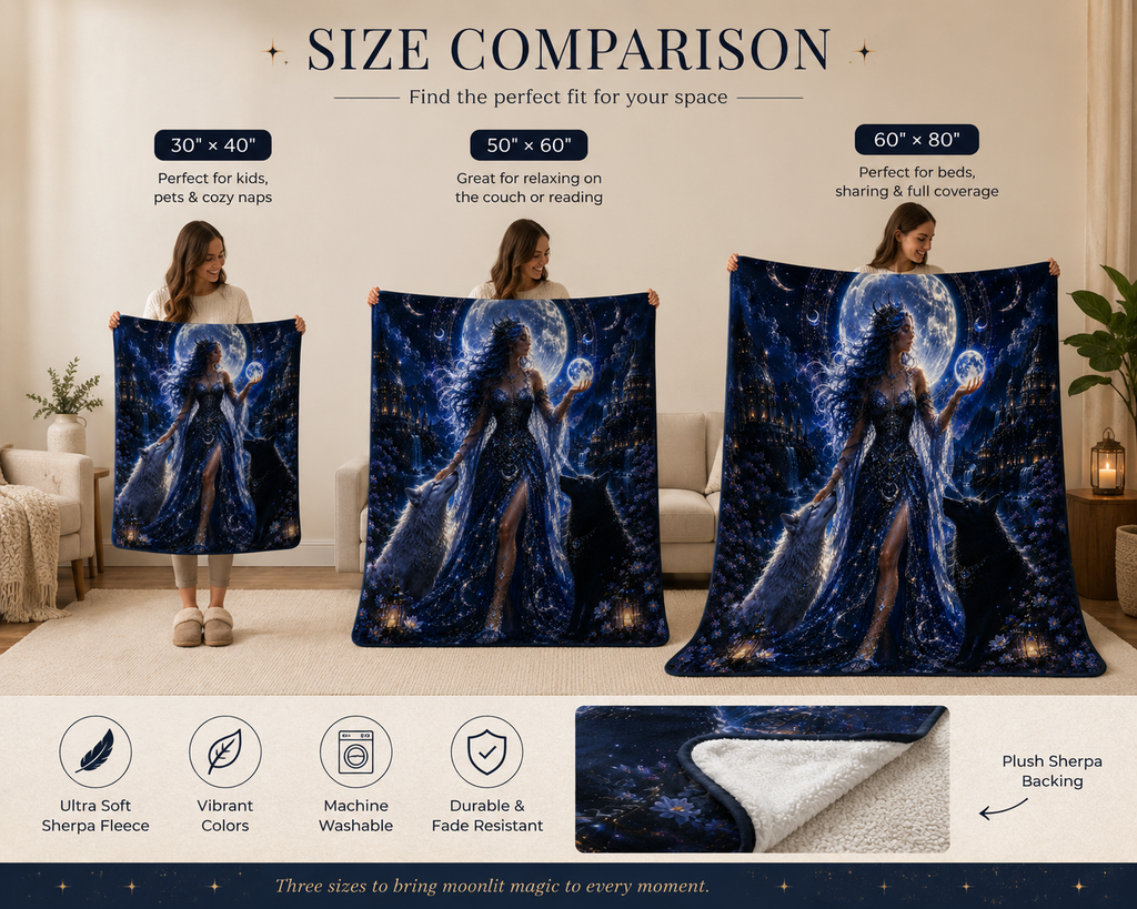 Moon Goddess Sherpa Fleece Blanket — Mystic Night Wolf Design