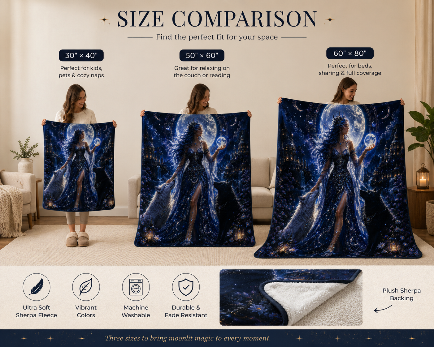 Moon Goddess Sherpa Fleece Blanket — Mystic Night Wolf Design