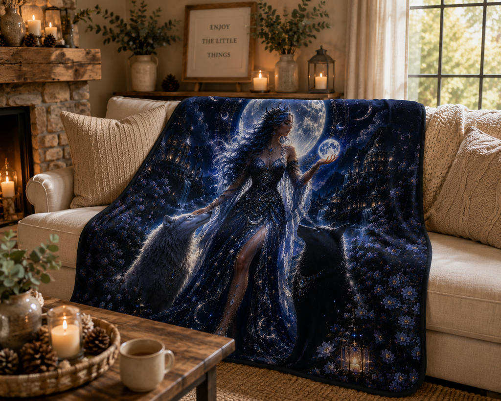 Moon Goddess Sherpa Fleece Blanket — Mystic Night Wolf Design