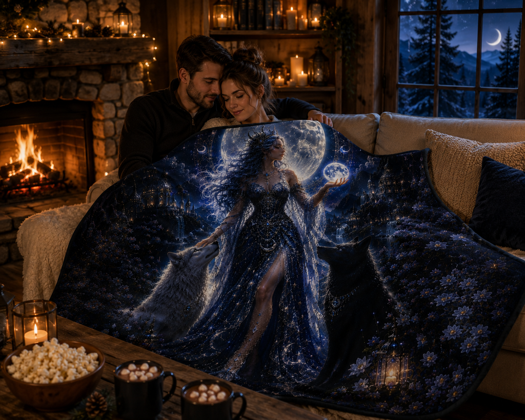 Moon Goddess Sherpa Fleece Blanket — Mystic Night Wolf Design