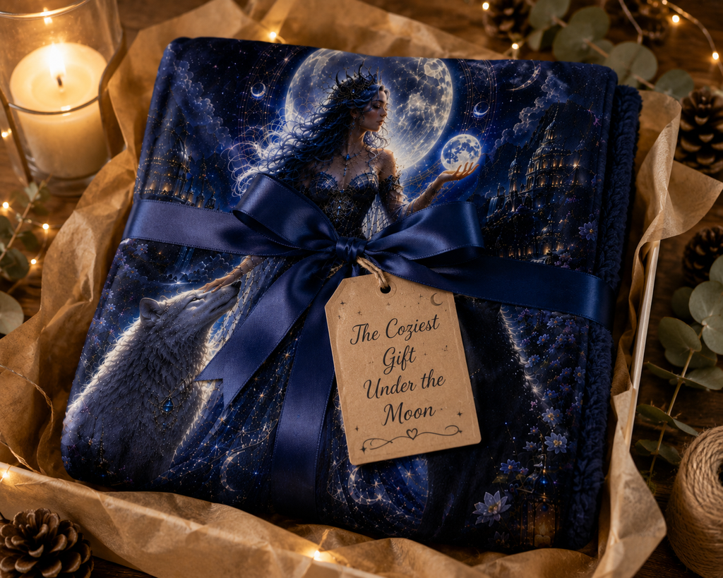 Moon Goddess Sherpa Fleece Blanket — Mystic Night Wolf Design