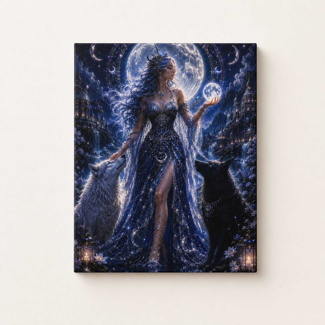 Moon Goddess Canvas Print — Mystical Night Wall Art with Wolves