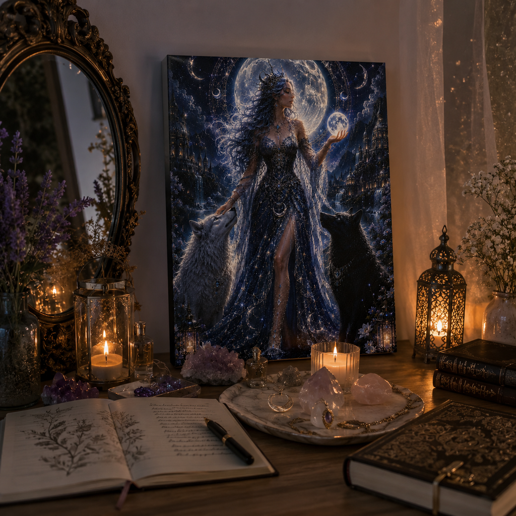 Moon Goddess Canvas Print — Mystical Night Wall Art with Wolves