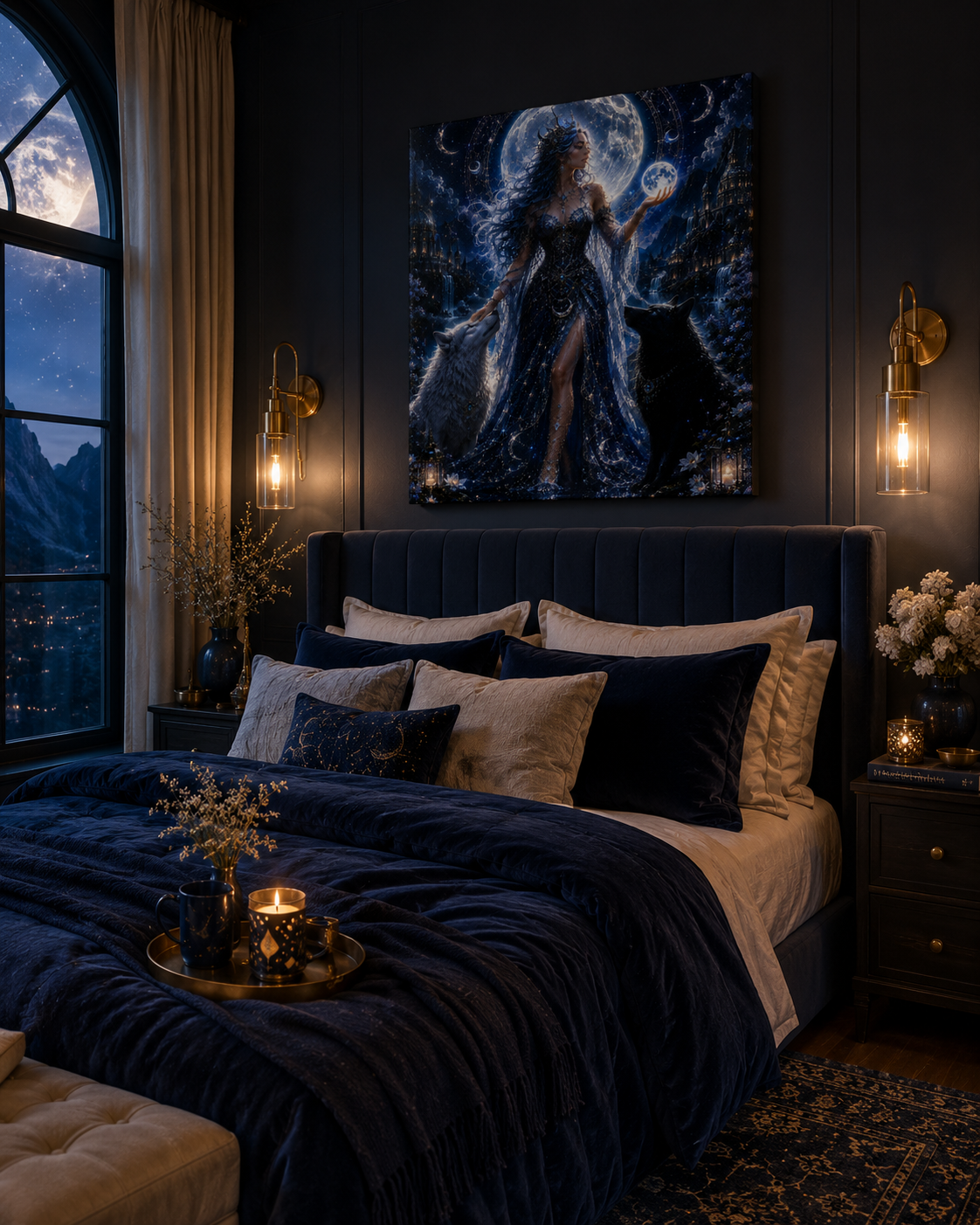 Moon Goddess Canvas Print — Mystical Night Wall Art with Wolves