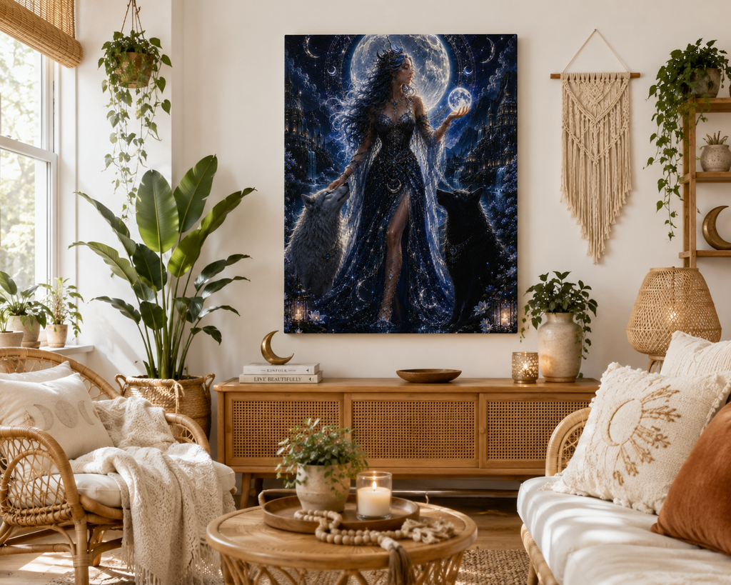Moon Goddess Canvas Print — Mystical Night Wall Art with Wolves