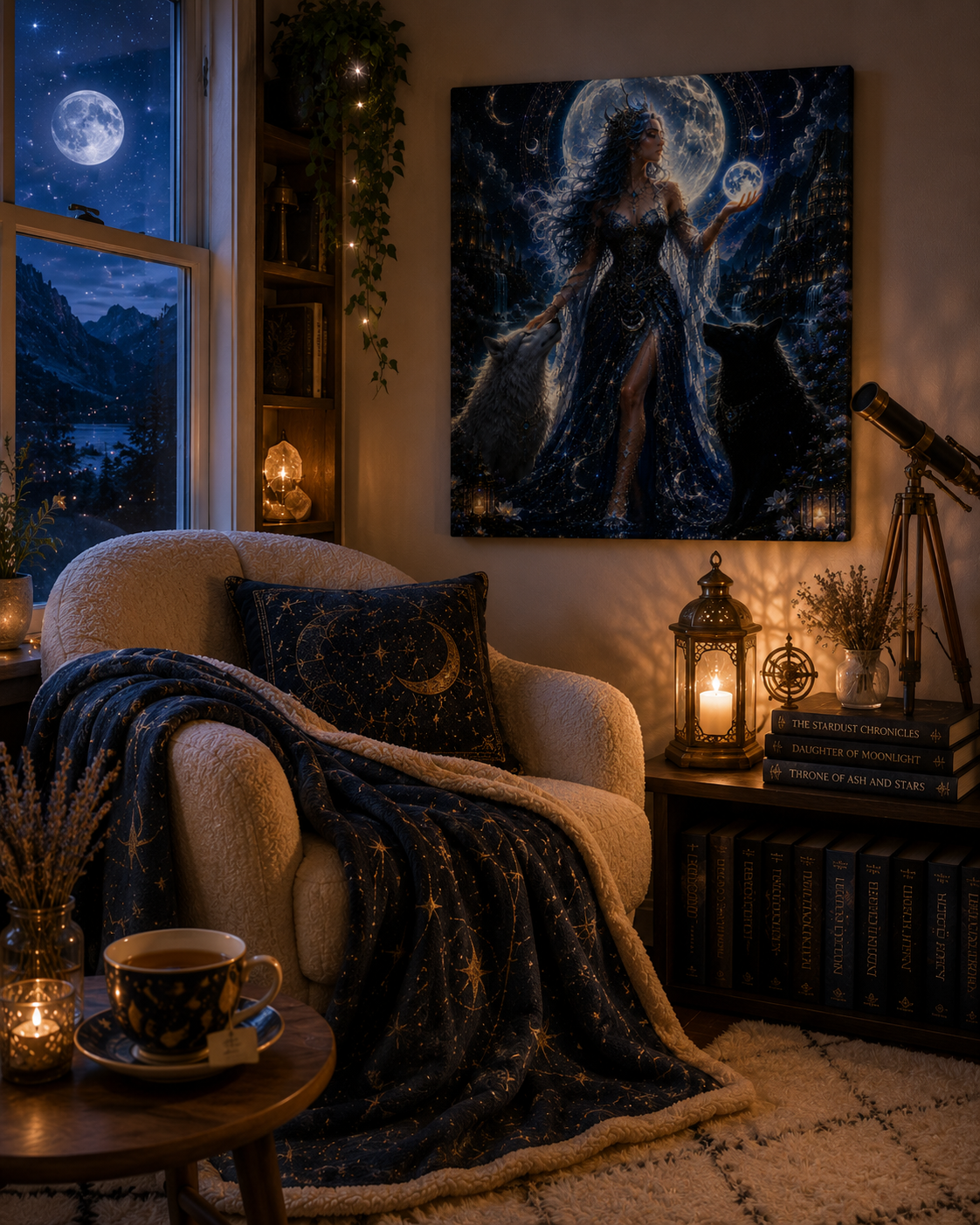 Moon Goddess Canvas Print — Mystical Night Wall Art with Wolves