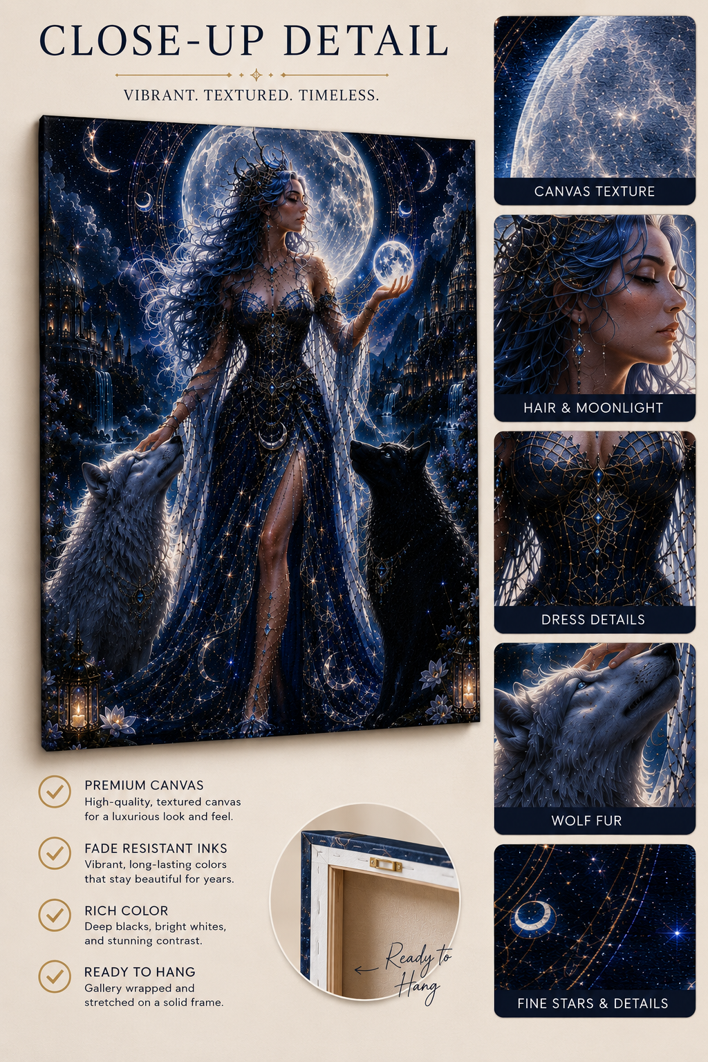 Moon Goddess Canvas Print — Mystical Night Wall Art with Wolves