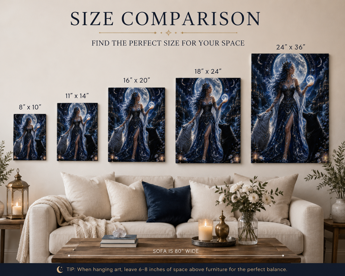 Moon Goddess Canvas Print — Mystical Night Wall Art with Wolves