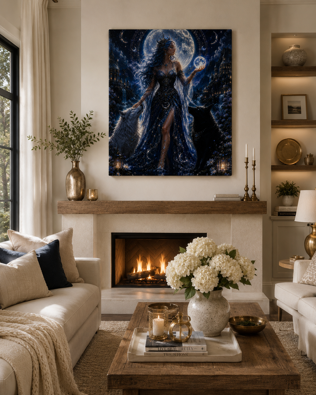 Moon Goddess Canvas Print — Mystical Night Wall Art with Wolves