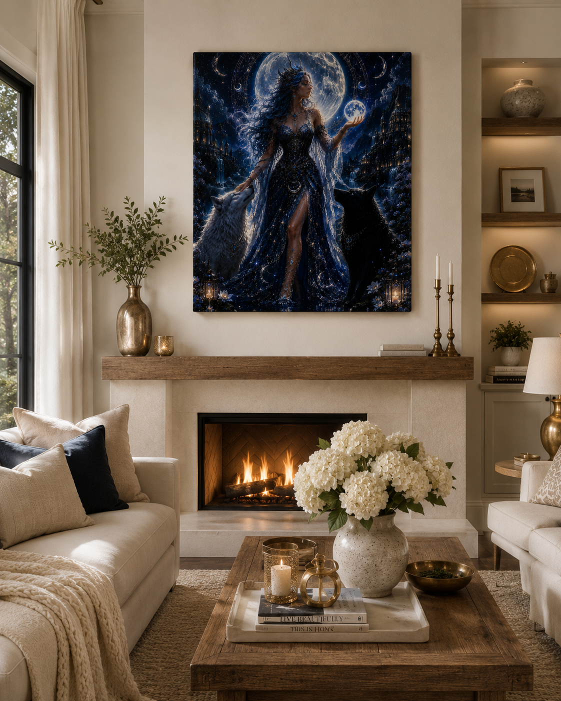 Moon Goddess Canvas Print — Mystical Night Wall Art with Wolves