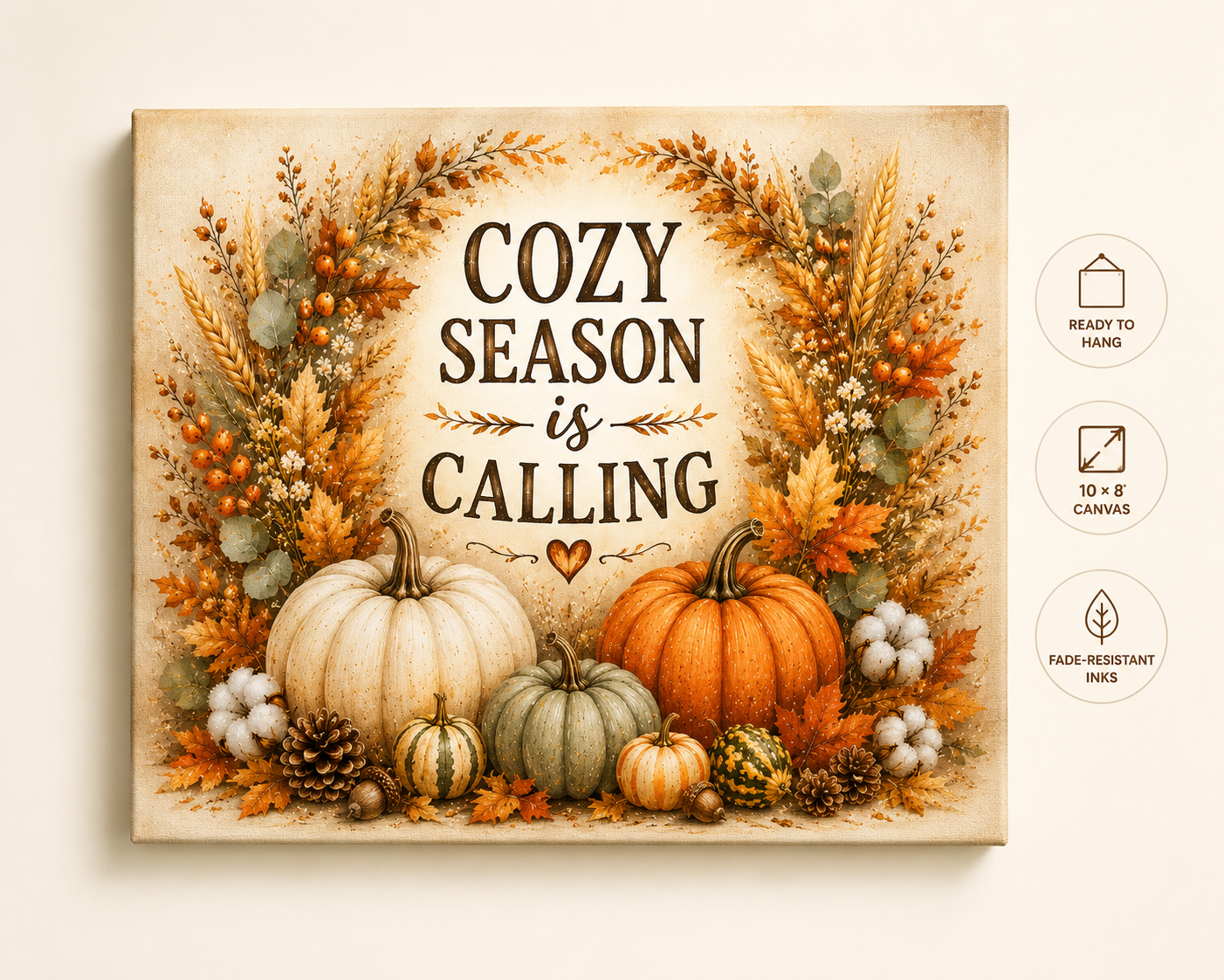 Cozy Season Is Calling Canvas Wall Art — Fall Pumpkin Wreath Autumn Decor