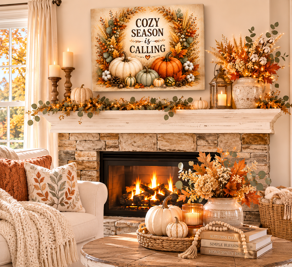 Cozy Season Is Calling Canvas Wall Art — Fall Pumpkin Wreath Autumn Decor