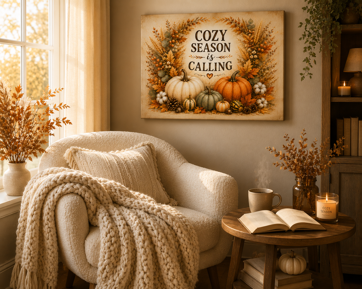 Cozy Season Is Calling Canvas Wall Art — Fall Pumpkin Wreath Autumn Decor